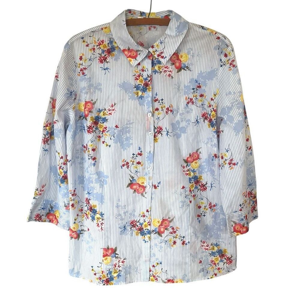 Gerry Weber 3/4 Sleeve Blouse With Striped & Floral Pattern Blue Sz M